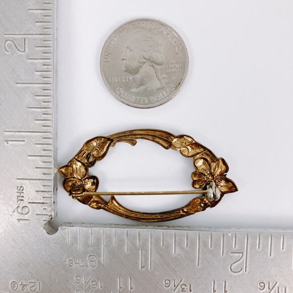 Vintage Art Nouveau Style Gold Tone Floral Revival Brooch 1940s Mid Century - Picture 9 of 9